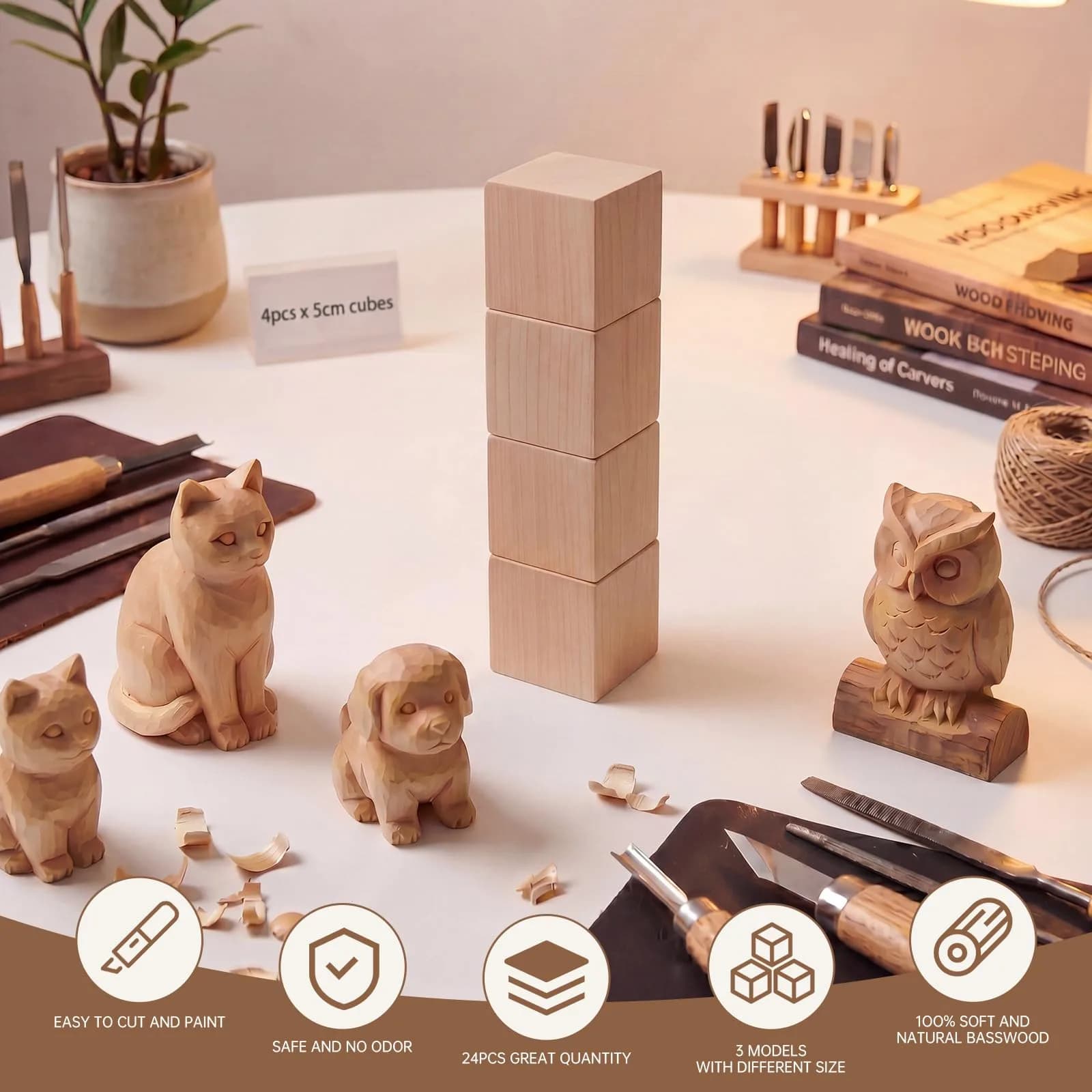 PONGJA Basswood Carving Blocks 4 Pack 2 x 2 x 2 Inch | Natural Wood for Whittling & DIY Crafts - view 4