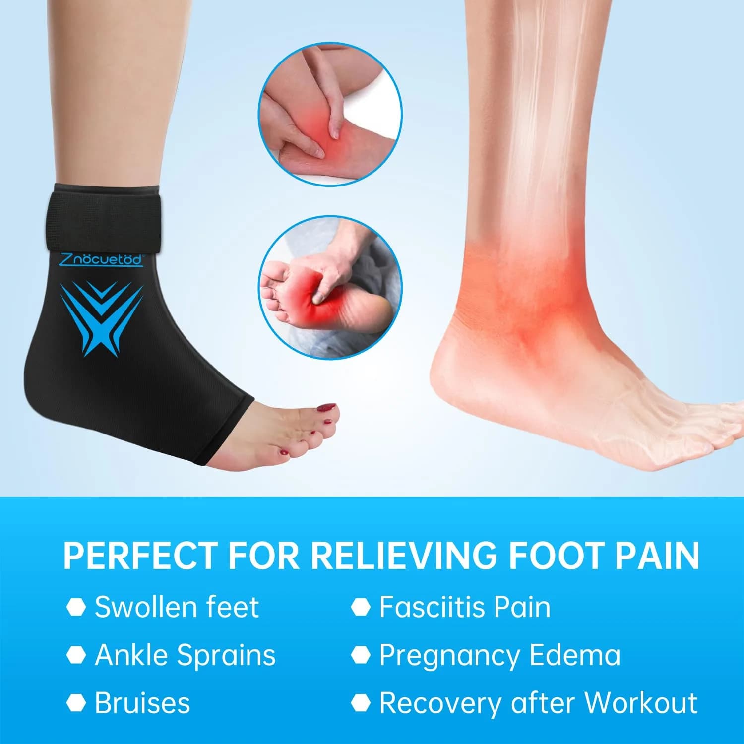 ZNÖCUETÖD Ankle Ice Pack Wrap with Hot Cold Therapy Sock for Swelling & Plantar Fasciitis Pain Relief, Black, One Size - view 2