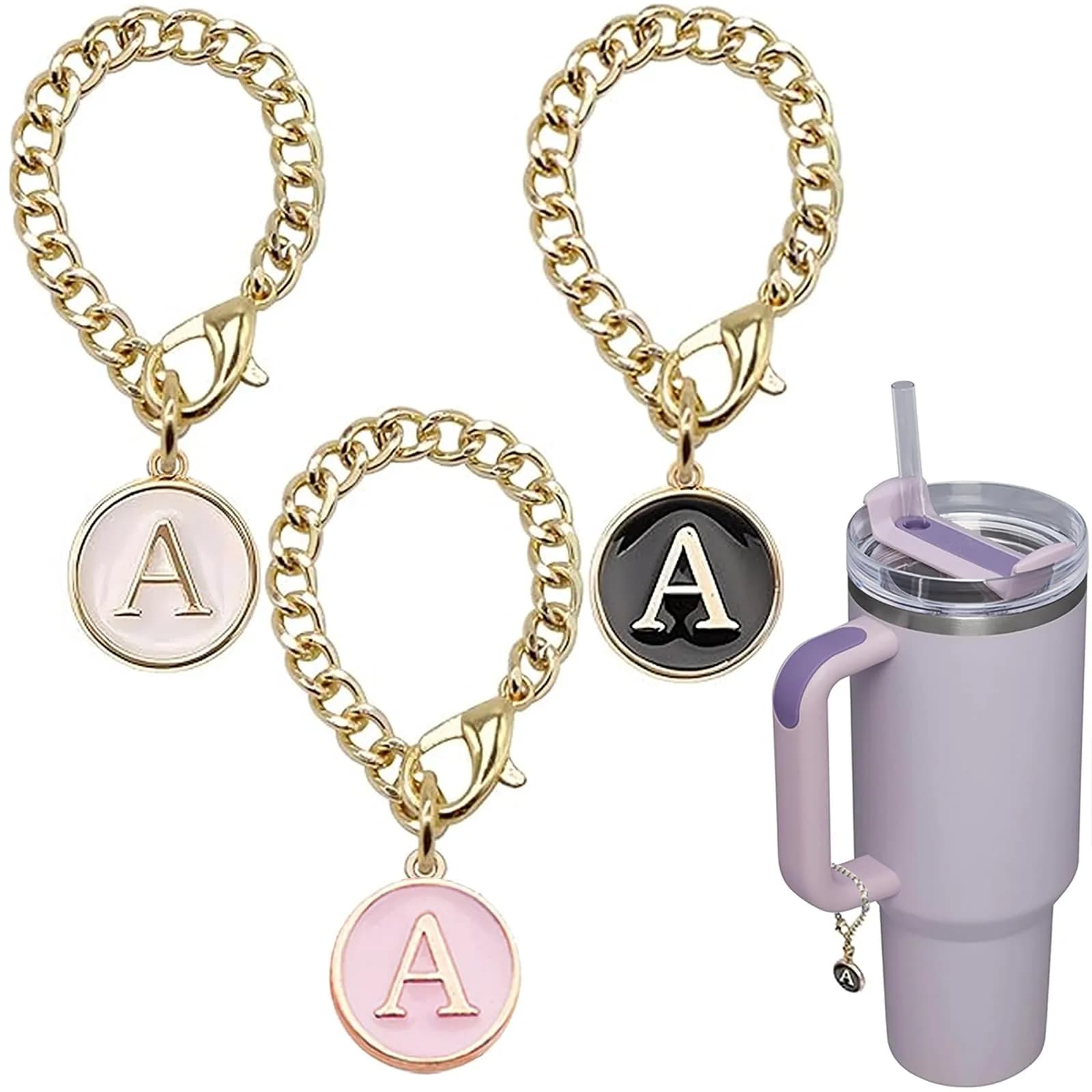Ekarley Letter Charm Accessories for Stanley Cup | 3Pcs Initial Chain Water Bottle Handle, Unisex, Alloy, 5.1 inches