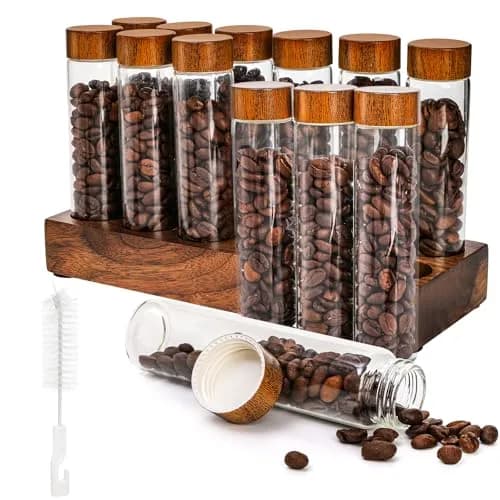 Goaste 12 Pack Borosilicate Glass Coffee Bean Storage Tubes with Walnut Stand & Brush | 33ml (1.1 Fl Oz) Each thumbnail 1