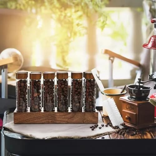 Goaste 12 Pack Borosilicate Glass Coffee Bean Storage Tubes with Walnut Stand & Brush | 33ml (1.1 Fl Oz) Each thumbnail 9