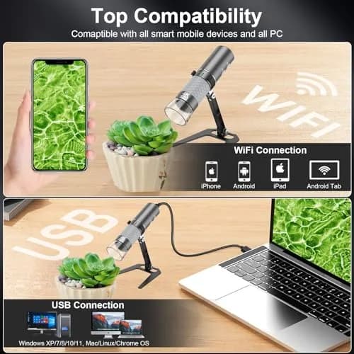Ninyoon 4K WiFi Microscope with Upgraded Stand, 50-1000X USB Digital Microscope for iPhone, Android, PC | HD Endoscope Camera with Wide Angle & Long Focal Length thumbnail 4