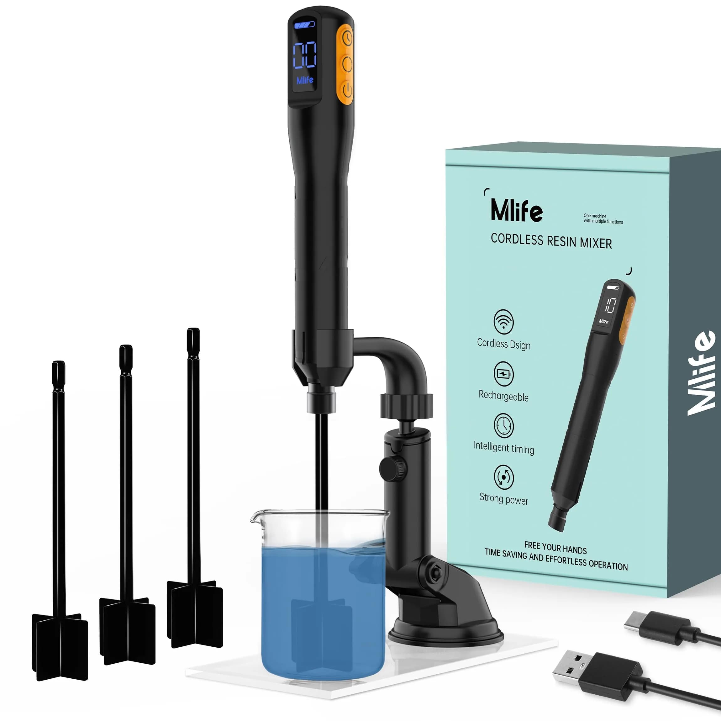 Mlife Upgraded Electric Resin Mixer with Stand & Timer | 2000mAh Rechargeable, 3-Speed, 20-Min Timer, Black — Black