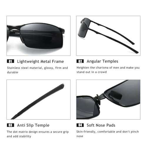 SUNGAIT Polarized Sunglasses Men Rectangular Metal Frame with Spring Hinge | UV Protection & Lightweight (70-120 chars) thumbnail 3