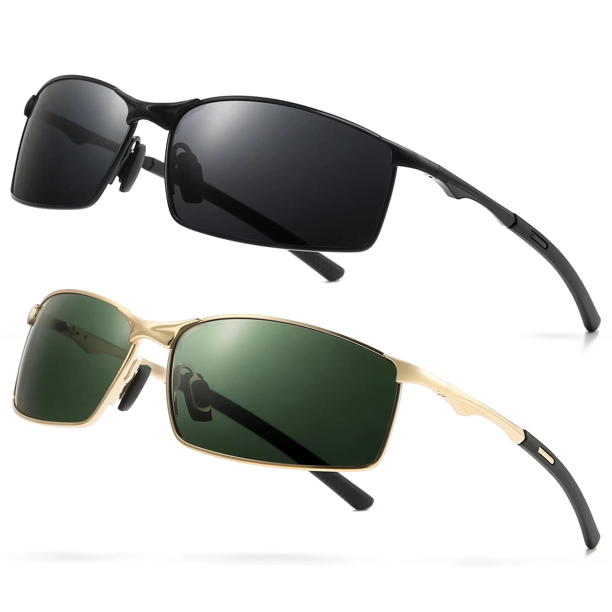 SUNGAIT Polarized Sunglasses Men Rectangular Metal Frame with Spring Hinge | Stylish & Durable (70-120 chars) — : Black/Gray + Gold/Dark Green