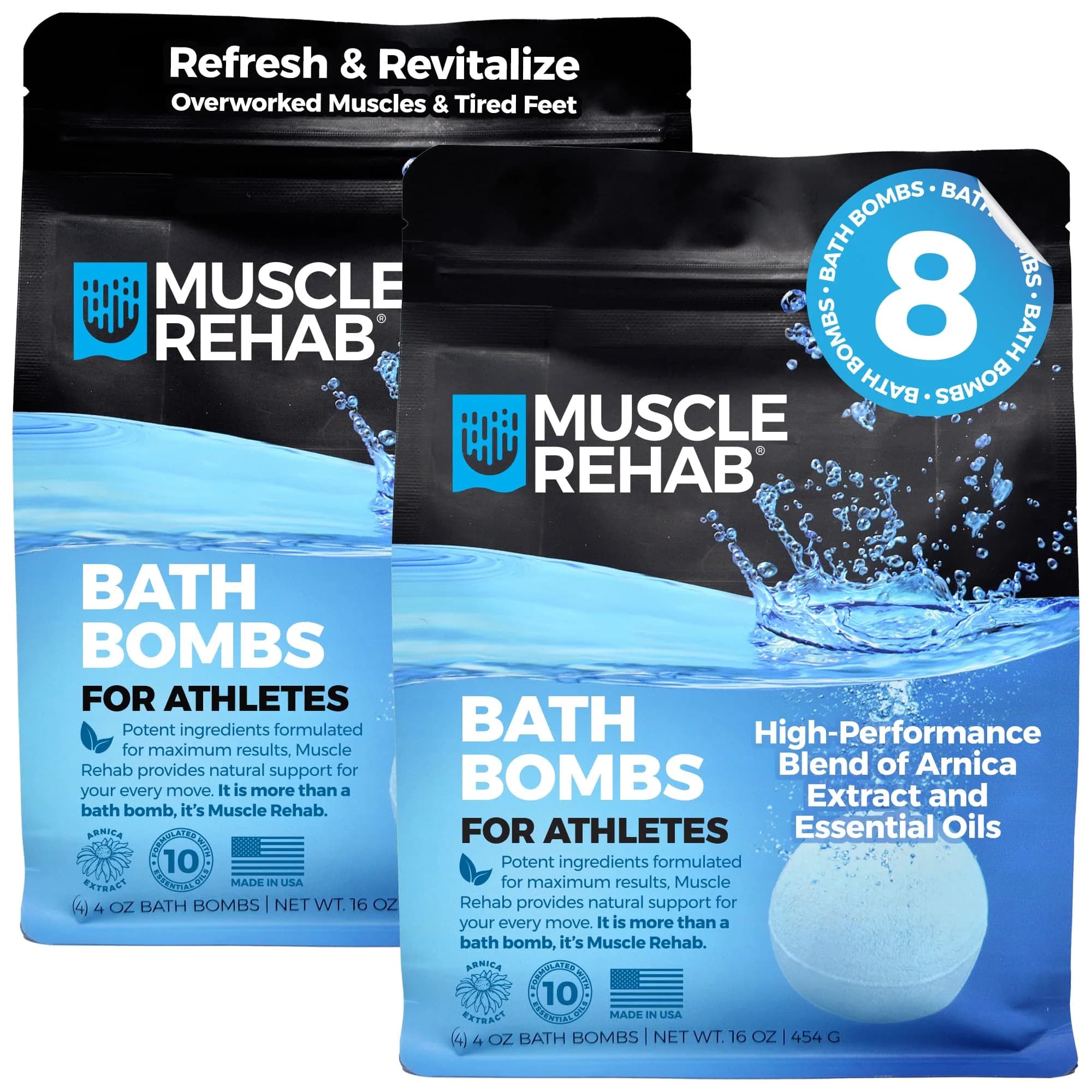 Muscle Rehab Epsom Salt Bath Bombs 8 Pack | Magnesium Recovery with Arnica & Essential Oils for Post-Workout Relaxation — White
