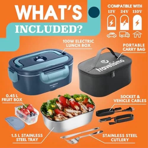TRAVELISIMO Electric Lunch Box for Adults 1.5L | Self-Heating Food Warmer, 100W, Stainless Steel, 12/24/110V for Travel & Work thumbnail 5