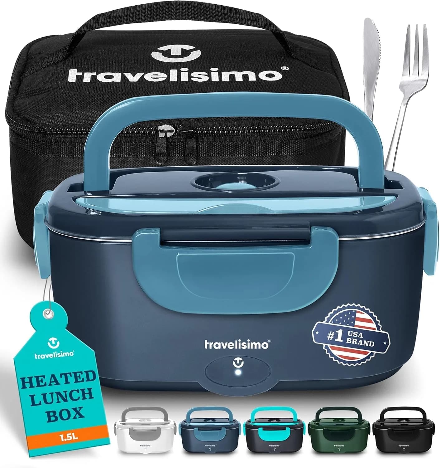 TRAVELISIMO Electric Lunch Box for Adults 1.5L | Self-Heating Food Warmer, 100W, Stainless Steel, 12/24/110V for Travel & Work