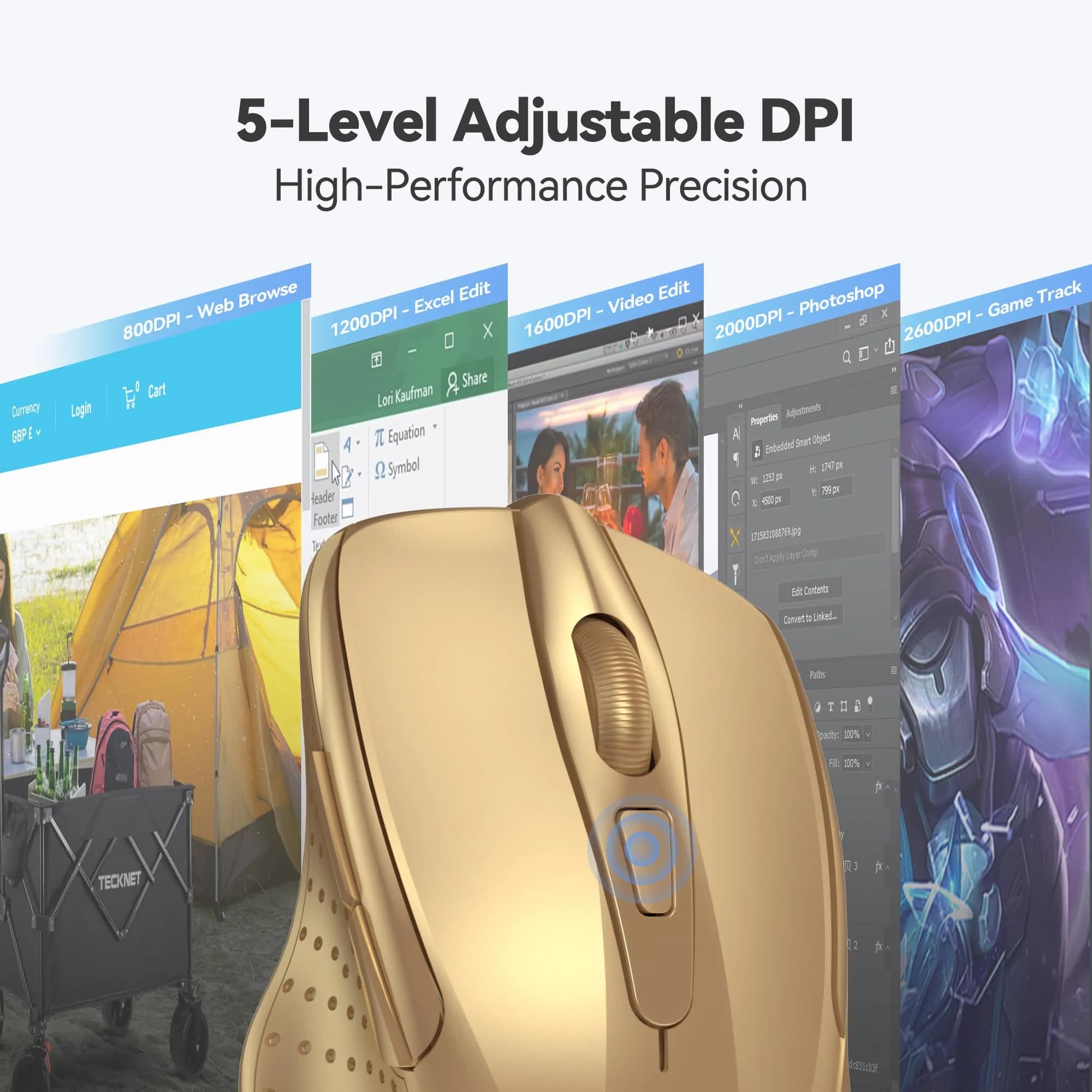 TECKNET M003 Wireless Ergonomic Computer Mouse - Gold, 2.4Ghz with 2600 DPI for Right-Handed Use - view 4