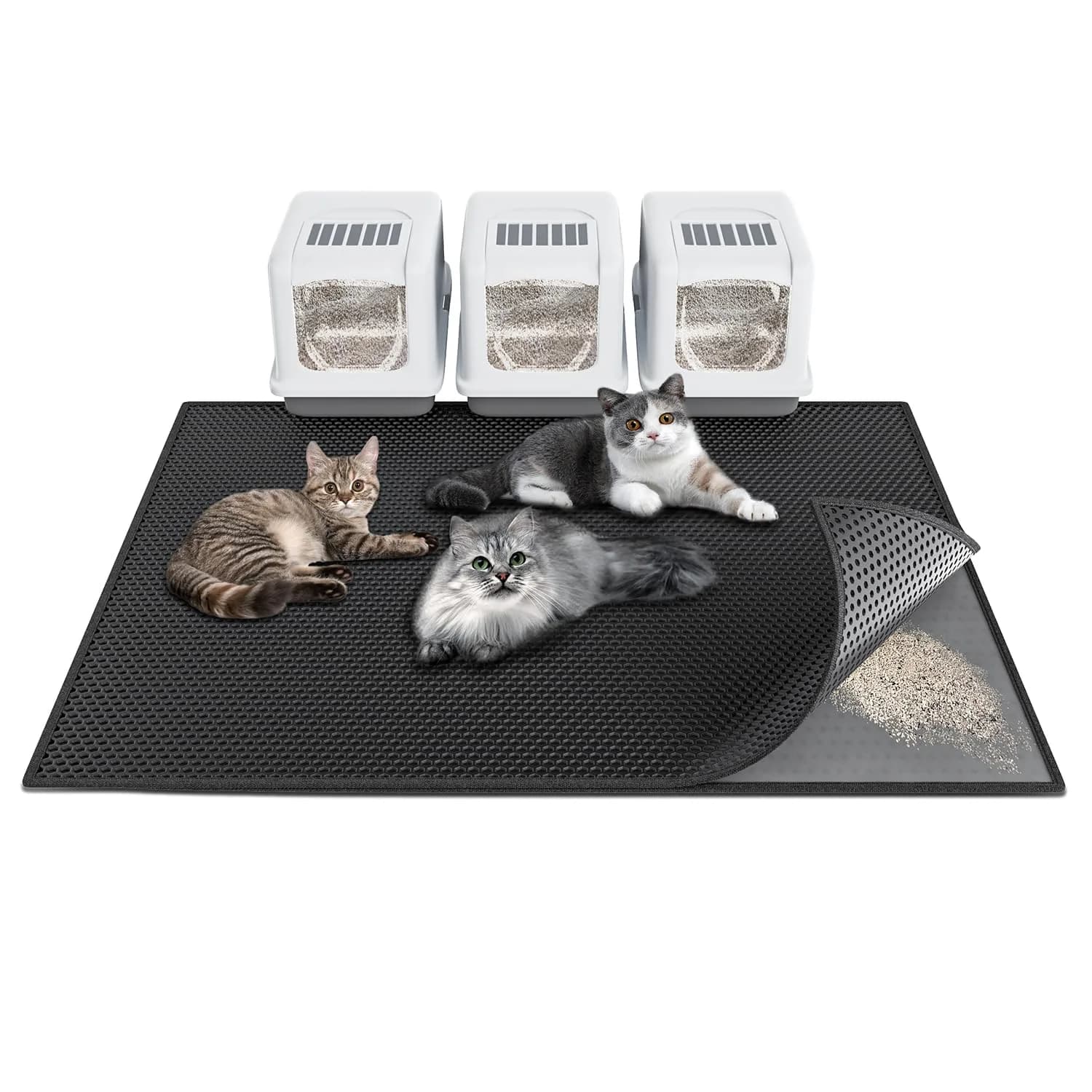 Waretary Cat Litter Mat, 47"x 36" Waterproof, Scatter Control, Black | XL Size, Easy to Clean, Paw-Friendly