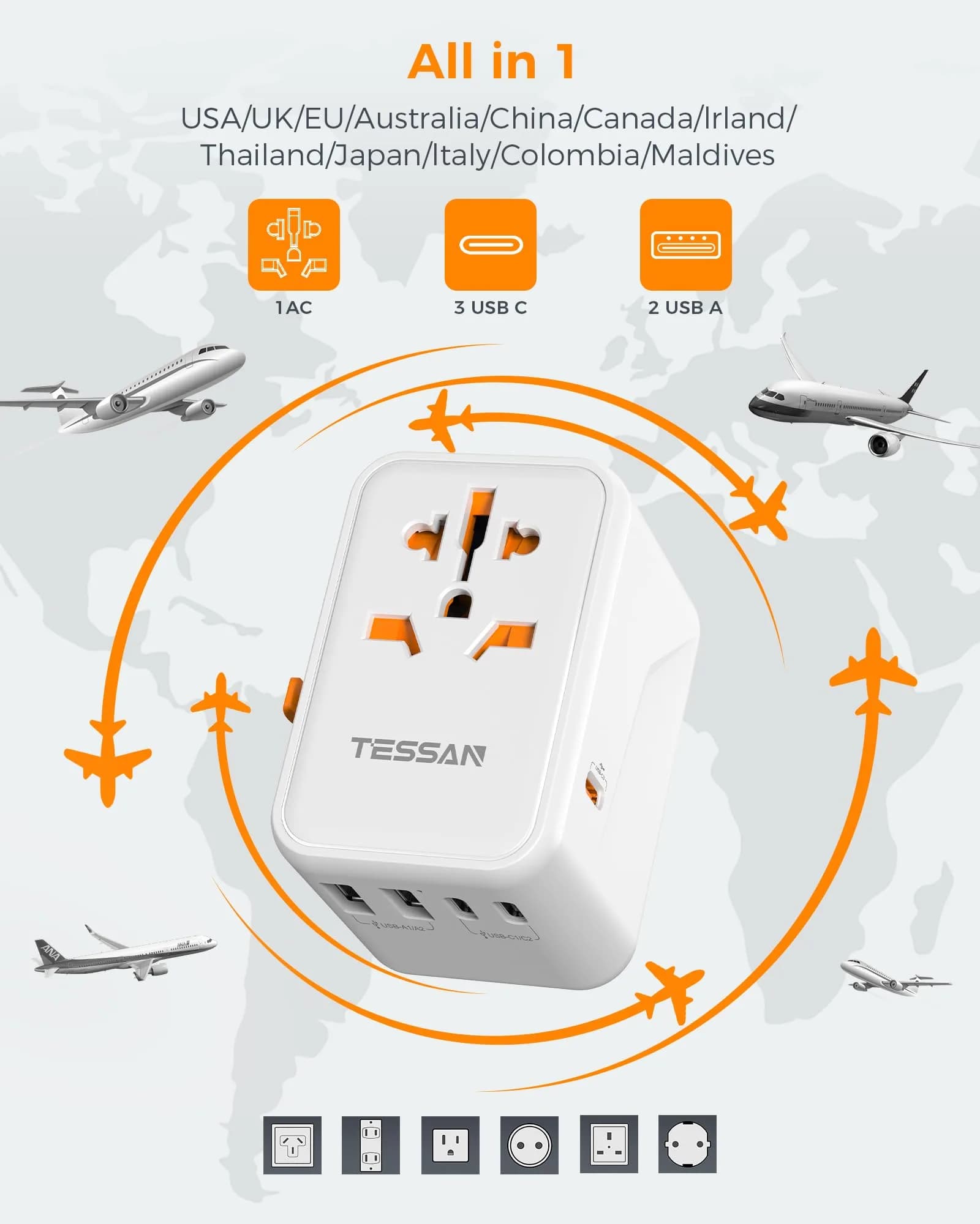 TESSAN Universal Travel Adapter GaN 65W 180g (6.3oz) | Worldwide Power Adapter for 224+ Countries - view 2