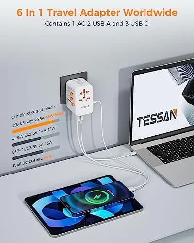 TESSAN Universal Travel Adapter GaN 65W 180g (6.3oz) | Worldwide Power Adapter for 224+ Countries thumbnail 3