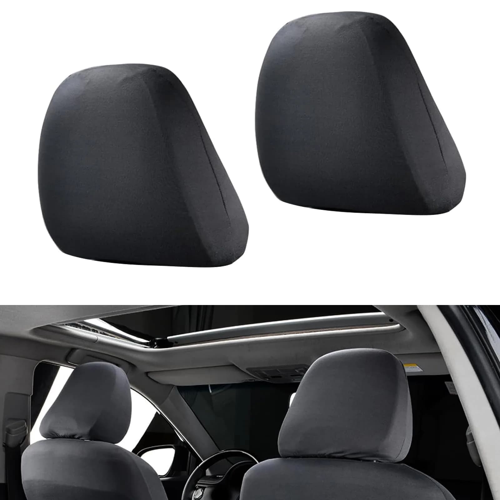 Crynod Black Knitted Stretch Car Seat Headrest Covers (2-Pack, 23cm x 27cm) | Universal Fit for Most Cars — Black
