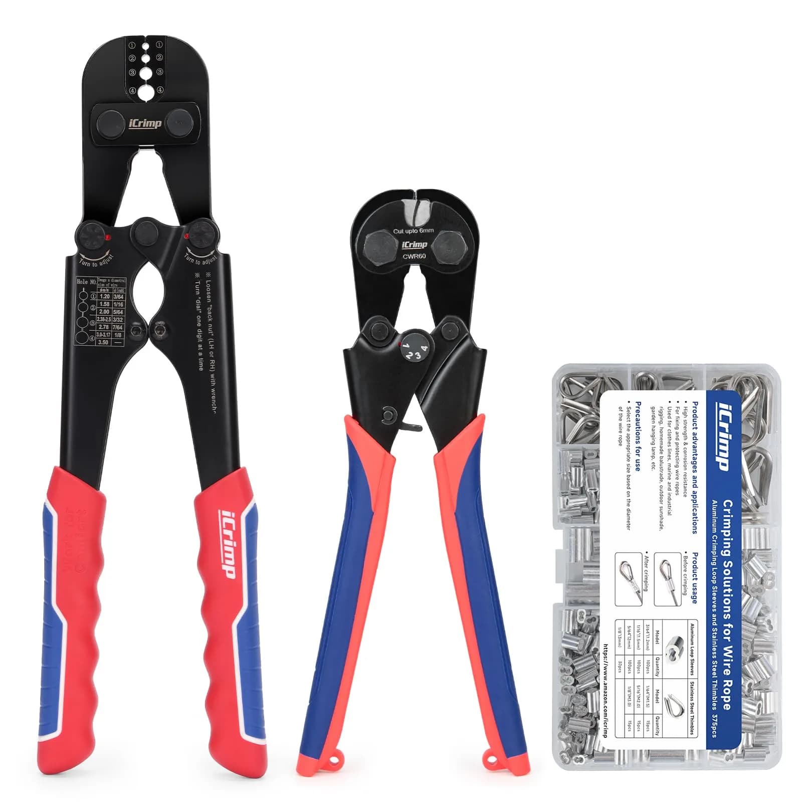 IWISS 1608M4 Wire Rope Crimper Kit with Cutter & Terminal Case, 3/64"–1/8" (1.2-3mm) | Crimps Oval, Double-Barrel, Copper Sleeves — IWS-1608M + Cutter + Sleeve Kit + CWR-60