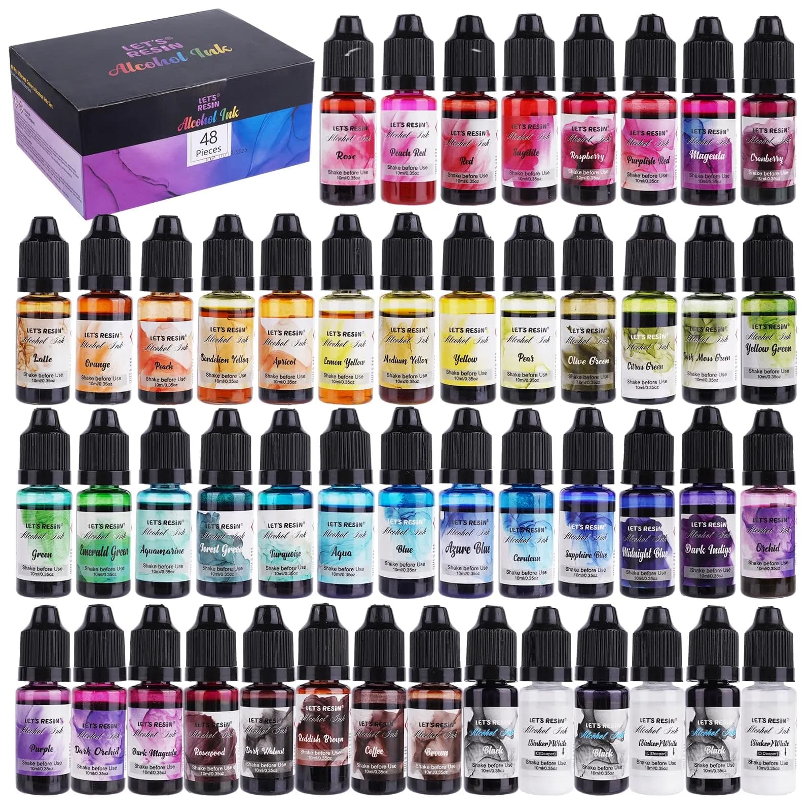 LET'S RESIN Concentrated Alcohol Ink Set 48 Colors (10ml/0.35oz Each) | Vibrant, Highly Pigmented for Resin Art — Clear