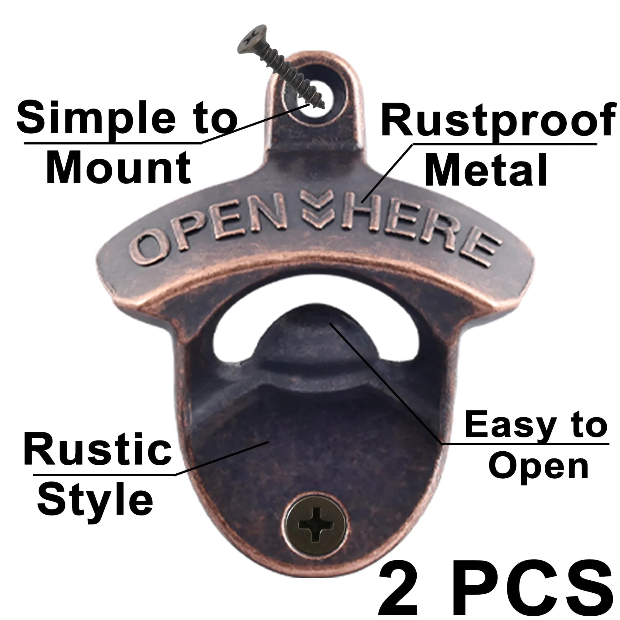 HAIICEN Vintage Copper Wall Mount Bottle Opener 2-Pack | Rustic Beer Cap Opener with Screws - view 2