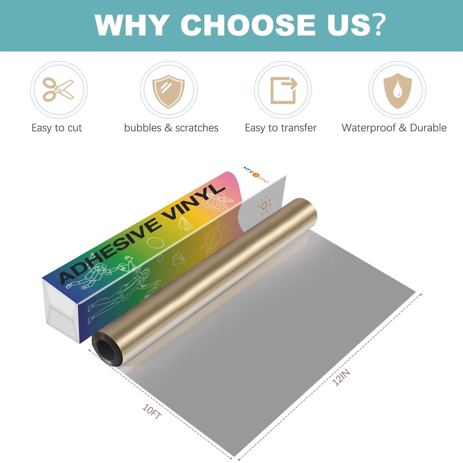 HTVRONT Champagne Gold Matte Vinyl Roll 12" x 10FT (305cm) | Permanent Adhesive for Crafts & Decals - view 4