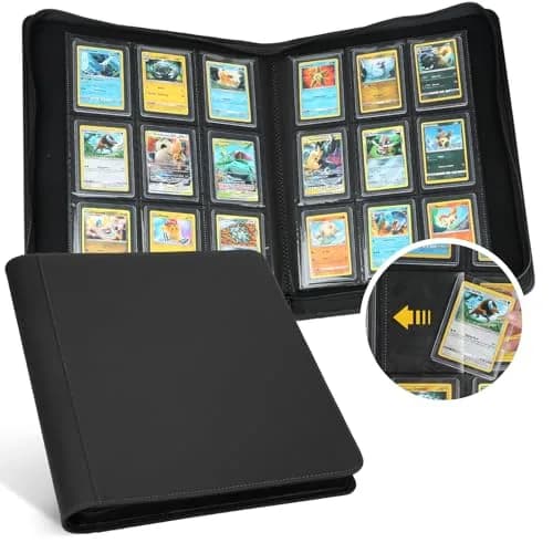 GERMUN 3 Ring 9 Pocket Zipper Card Binder for 720 Cards | Archival-Safe PU Leather — 16 Pocket 1024 / Diamond Black 1