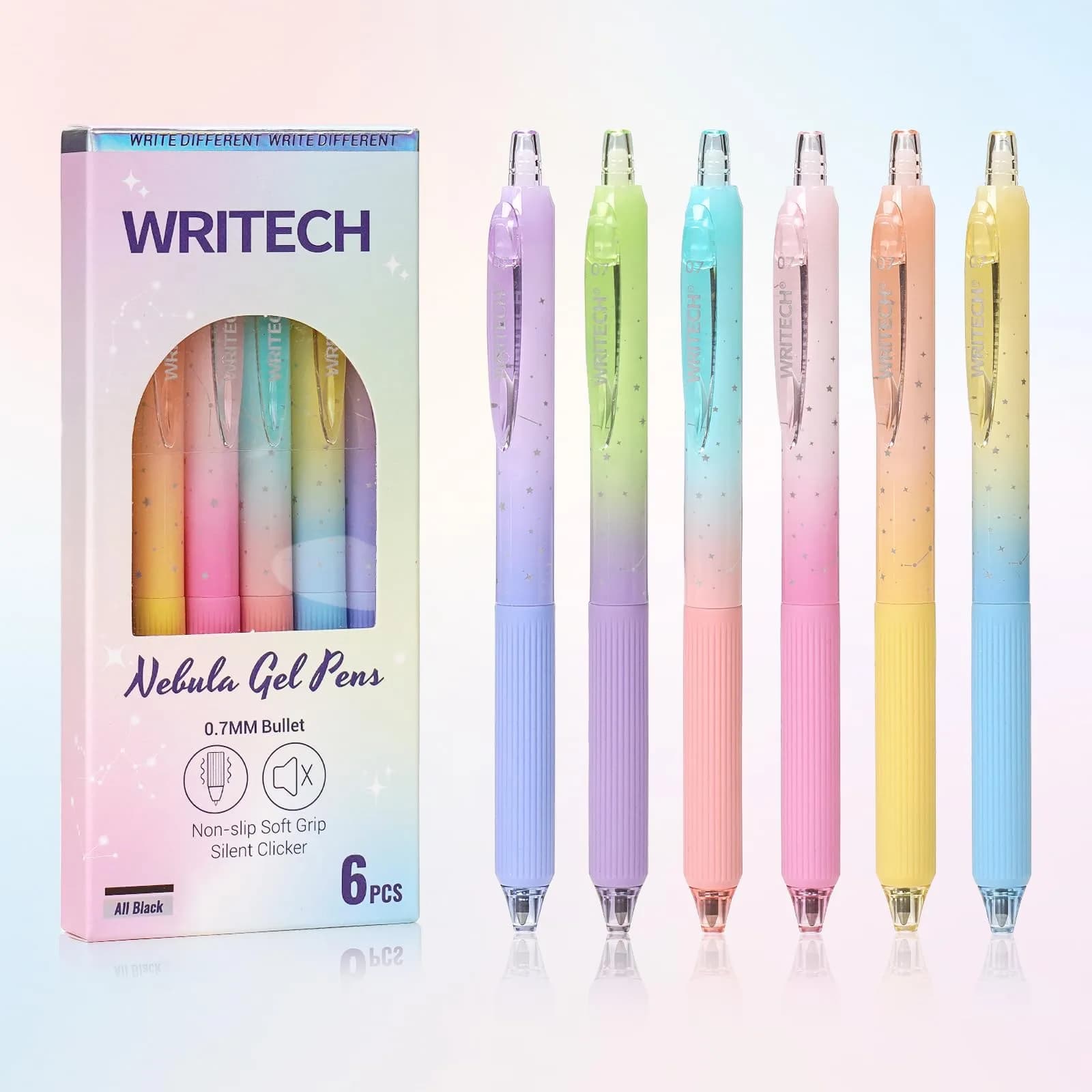 WRITECH Nebula Gel Pens 0.7mm Black Ink, 6 Count | Smooth Writing, Silent Click, Aesthetic Gradient Barrels - main product image