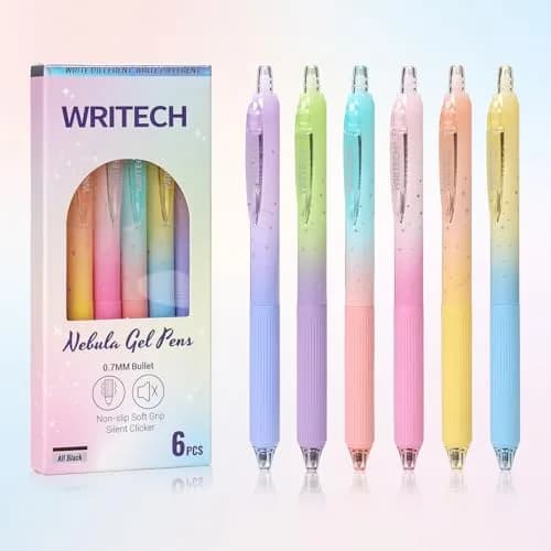 WRITECH Nebula Gel Pens 0.7mm Black Ink, 6 Count | Smooth Writing, Silent Click, Aesthetic Gradient Barrels thumbnail 1