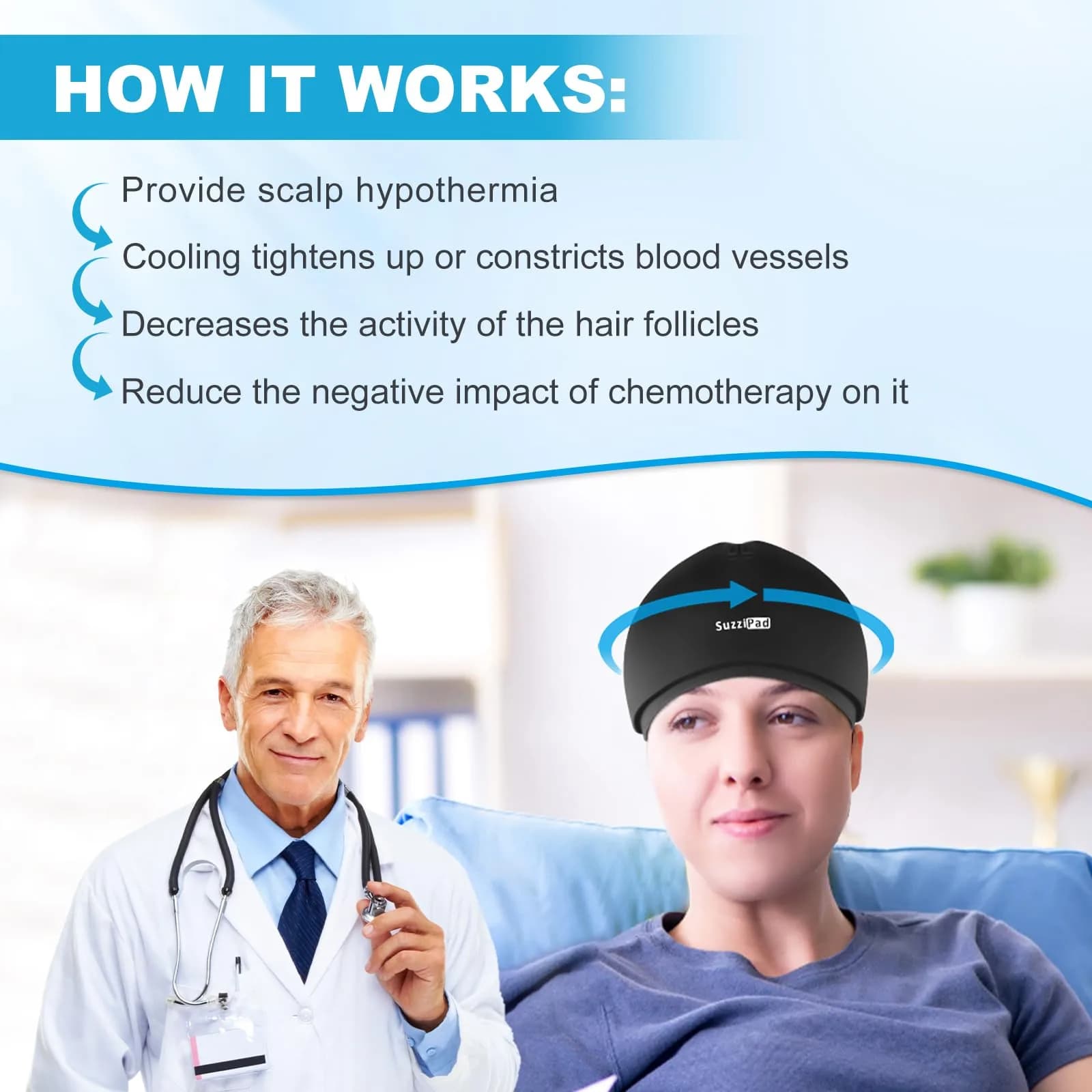 SUZZIPAD Chemo Cooling Cap for Chemotherapy Care - Black, One Size - view 2