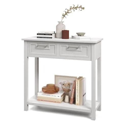 CLEEMAN White Table | Modern Console with 2 Drawers & Storage Shelf (14 in) thumbnail 1