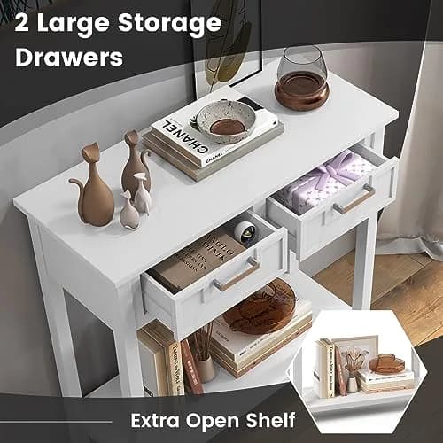 CLEEMAN White Table | Modern Console with 2 Drawers & Storage Shelf (14 in) thumbnail 4
