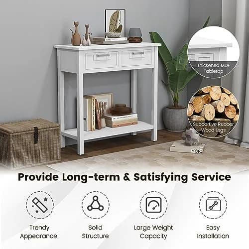 CLEEMAN White Table | Modern Console with 2 Drawers & Storage Shelf (14 in) thumbnail 5