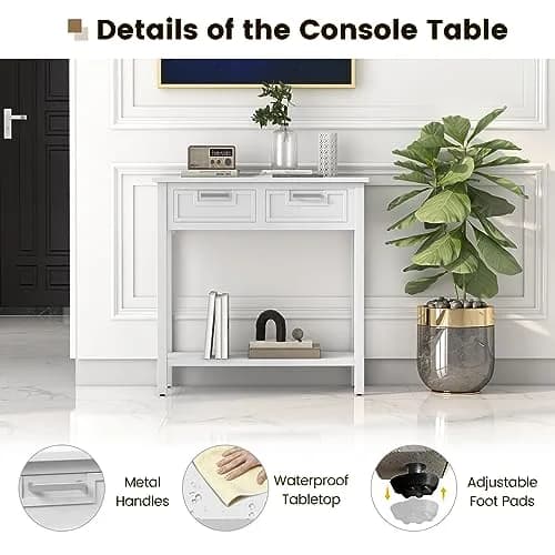 CLEEMAN White Table | Modern Console with 2 Drawers & Storage Shelf (14 in) thumbnail 7
