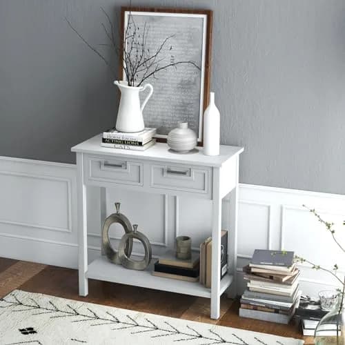 CLEEMAN White Table | Modern Console with 2 Drawers & Storage Shelf (14 in) thumbnail 9