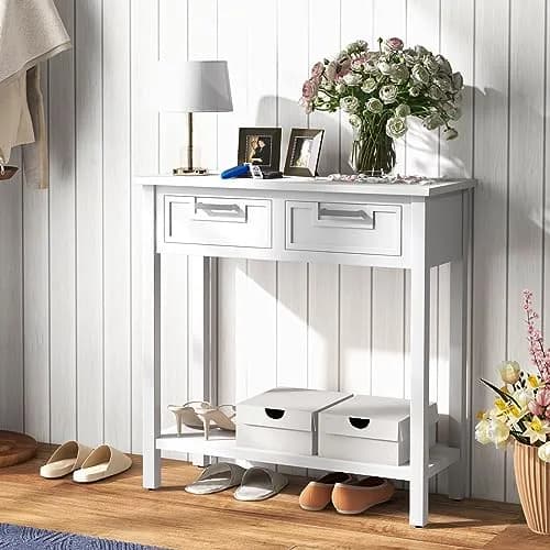 CLEEMAN White Table | Modern Console with 2 Drawers & Storage Shelf (14 in) thumbnail 2