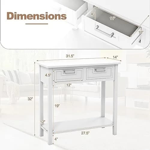 CLEEMAN White Table | Modern Console with 2 Drawers & Storage Shelf (14 in) thumbnail 3