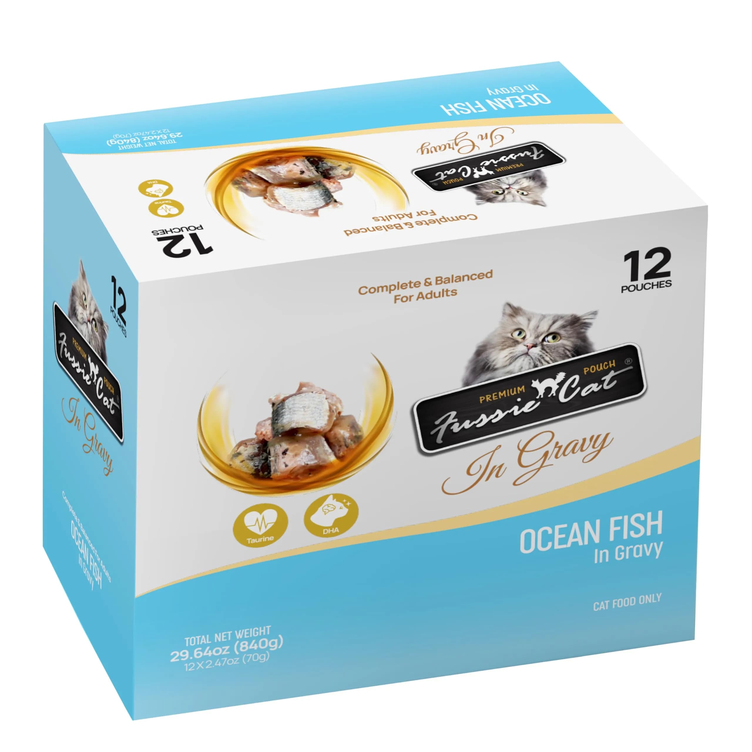 Fussie Cat Premium Ocean Fish in Gravy, 2.4 Oz (Pack of 12) | Complete & Balanced Cat Food with Omega-3