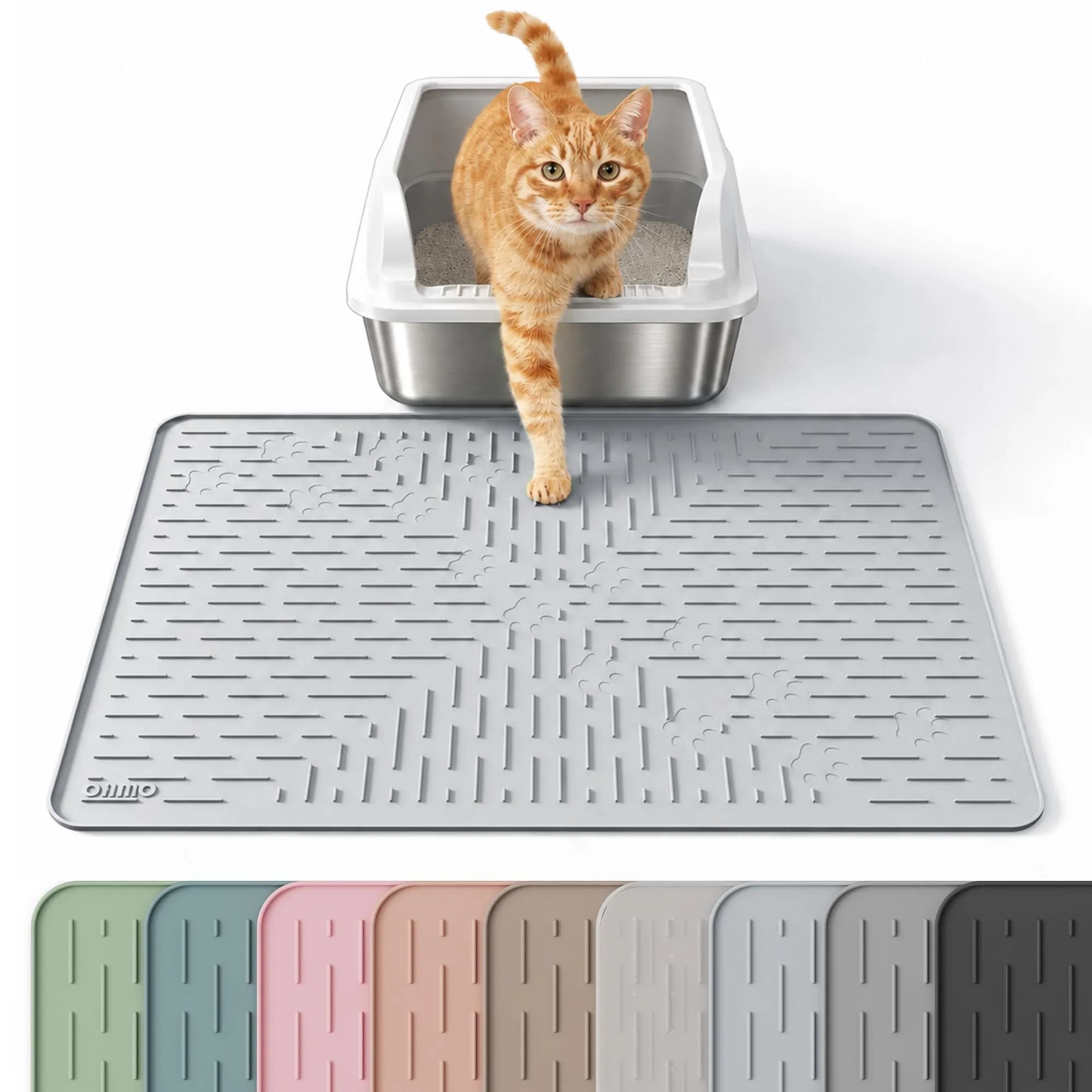 OHMO Cat Litter Mat, 23.5x16 Silicone Trapping Mat Ash Grey | Waterproof & Easy Clean