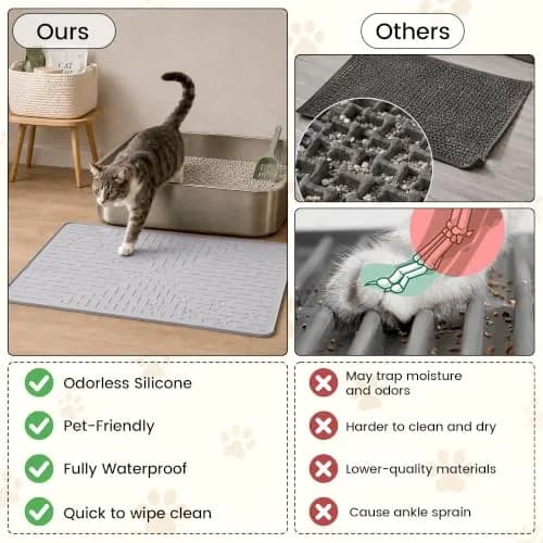 OHMO Cat Litter Mat, 23.5x16 Silicone Trapping Mat Ash Grey | Waterproof & Easy Clean thumbnail 8