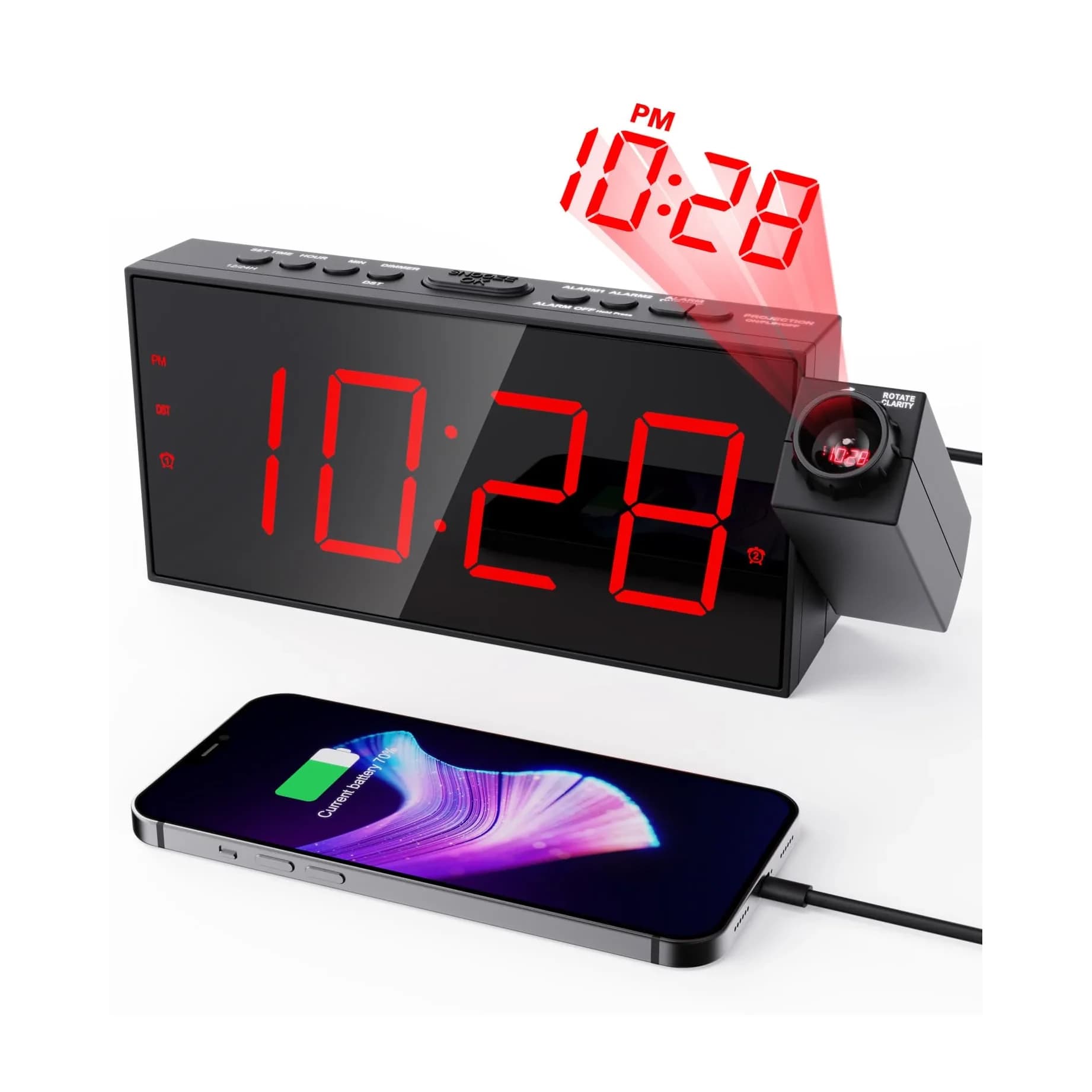OnLyee Projection Alarm Clock for Bedroom Ceiling, 180° Projector, Dual Alarm, 7-Inch Red LED Display | Modern Design with USB Charging
