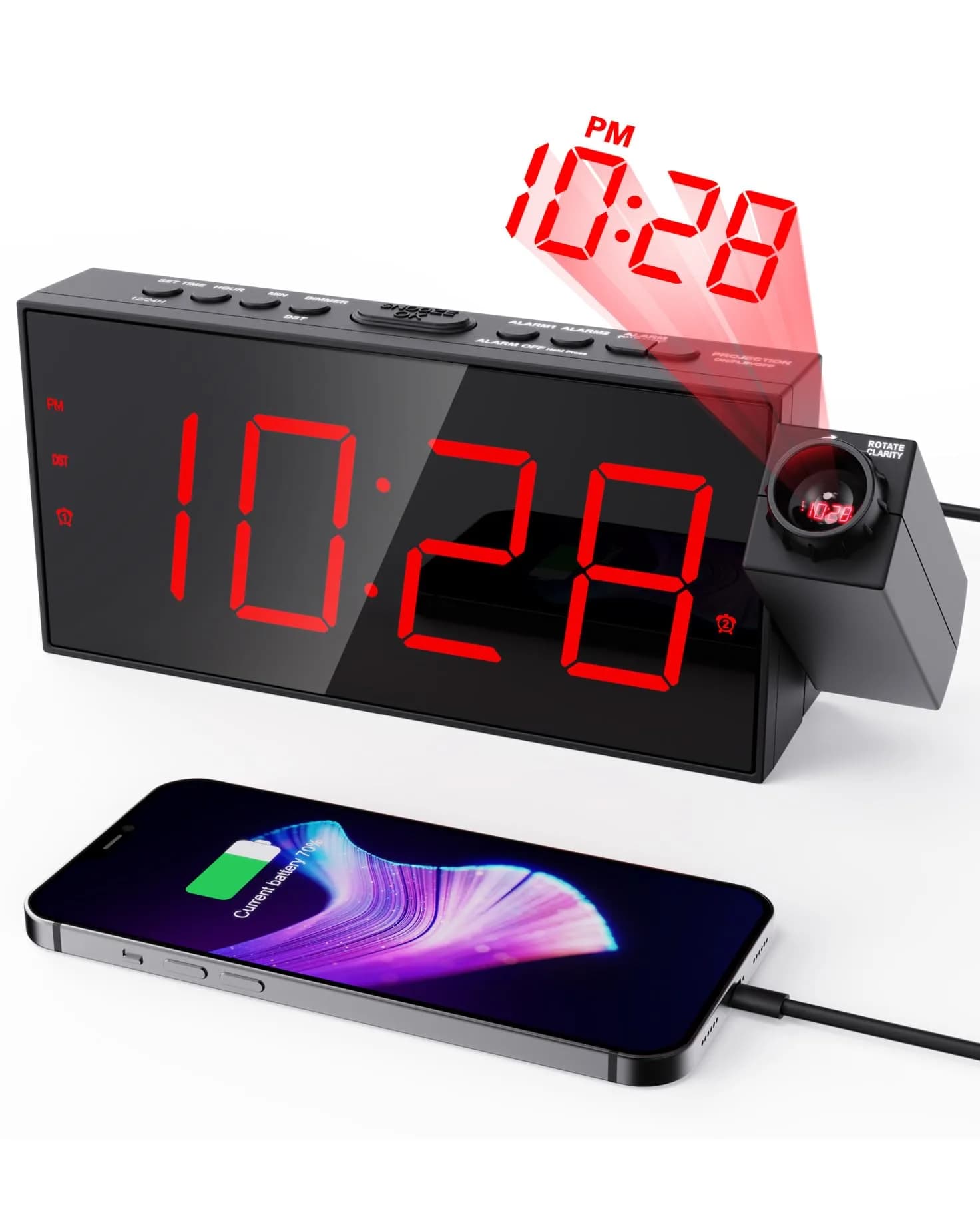 OnLyee Projection Alarm Clock for Bedroom Ceiling, 180° Projector, Dual Alarm, 7-Inch Red LED Display | Modern Design with USB Charging - main product image