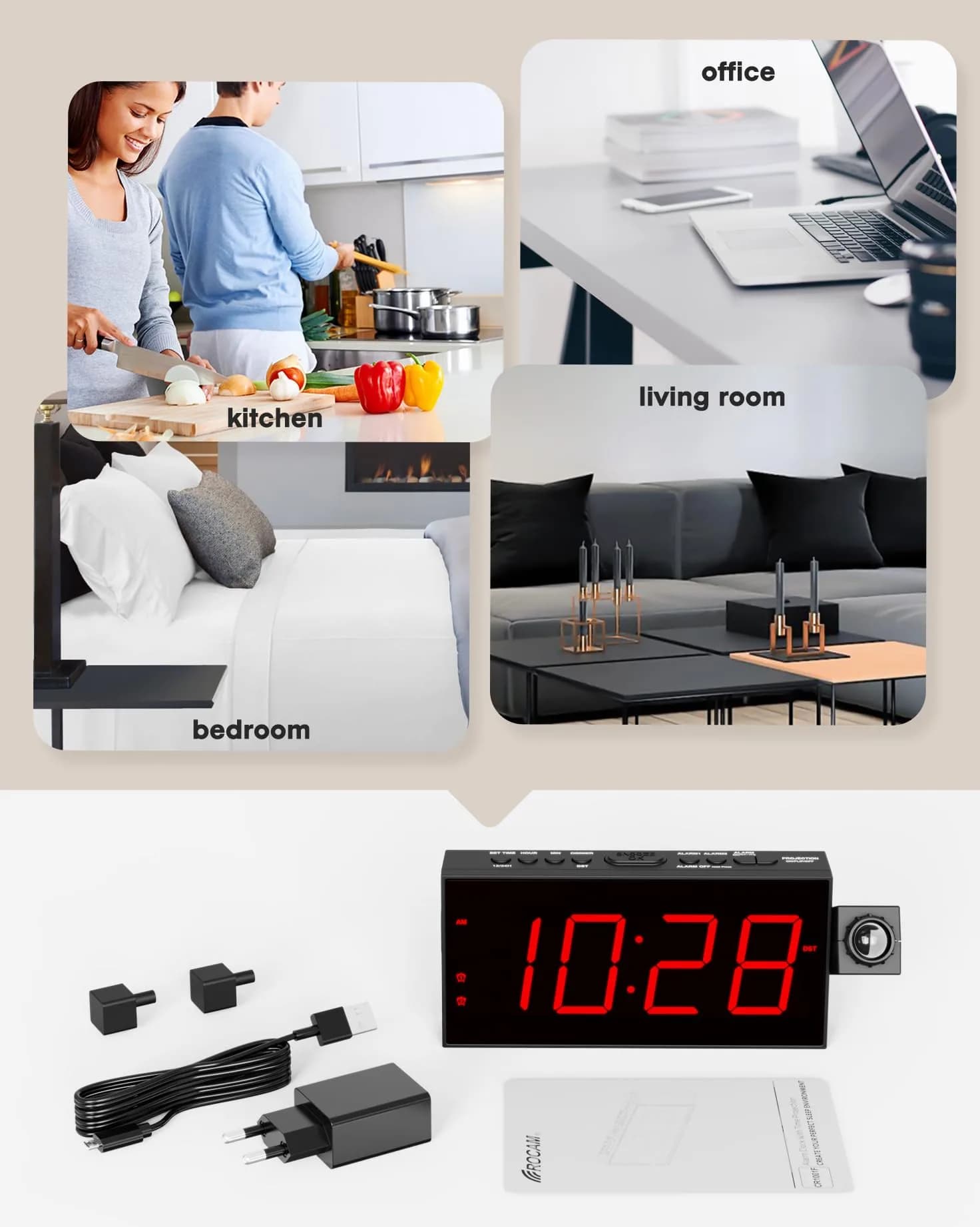 OnLyee Projection Alarm Clock for Bedroom Ceiling, 180° Projector, Dual Alarm, 7-Inch Red LED Display | Modern Design with USB Charging - view 7