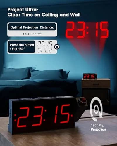 OnLyee Projection Alarm Clock for Bedroom Ceiling, 180° Projector, Dual Alarm, 7-Inch Red LED Display | Modern Design with USB Charging thumbnail 2