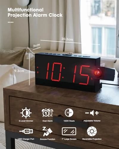 OnLyee Projection Alarm Clock for Bedroom Ceiling, 180° Projector, Dual Alarm, 7-Inch Red LED Display | Modern Design with USB Charging thumbnail 3