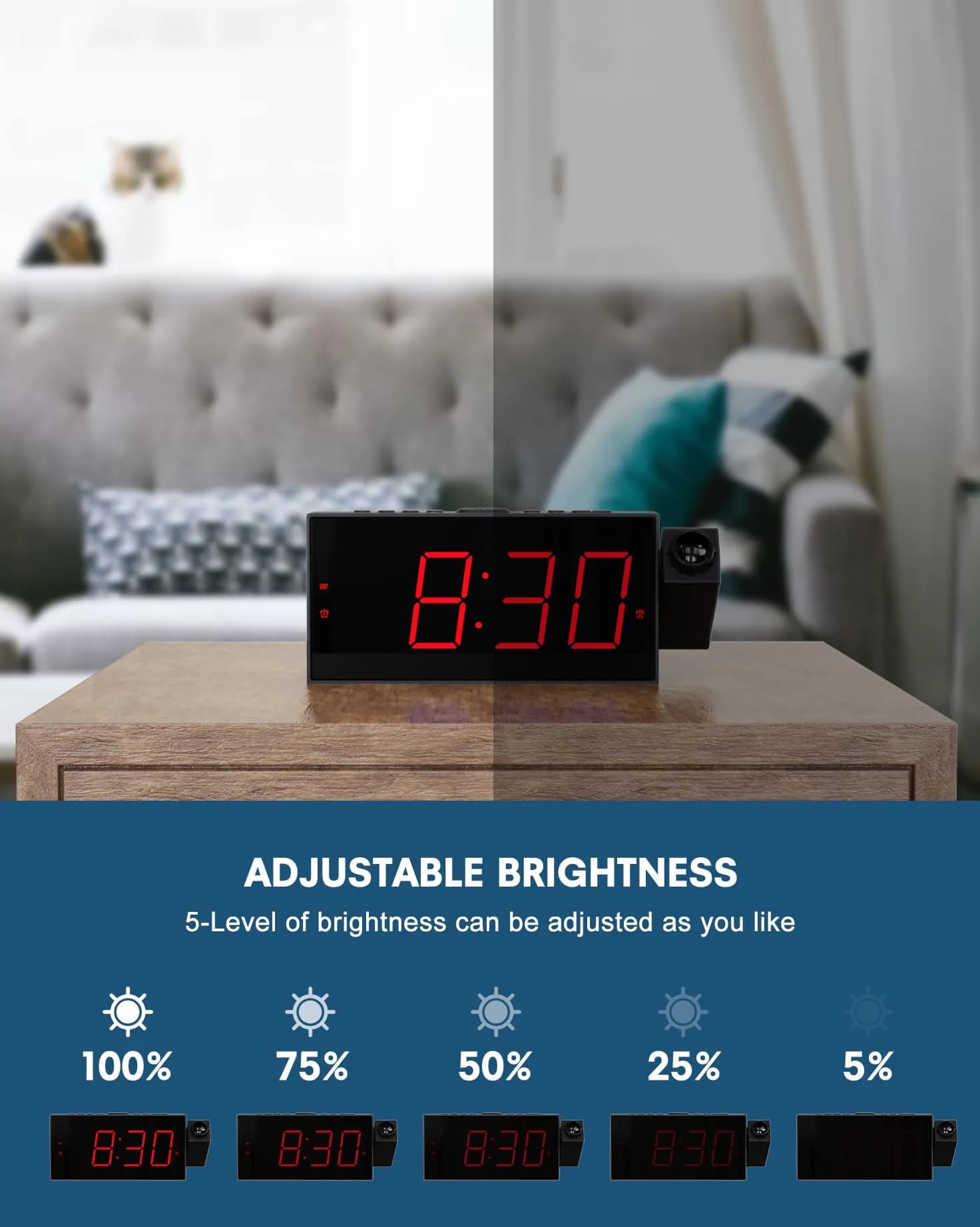 OnLyee Projection Alarm Clock for Bedroom Ceiling, 180° Projector, Dual Alarm, 7-Inch Red LED Display | Modern Design with USB Charging - view 4
