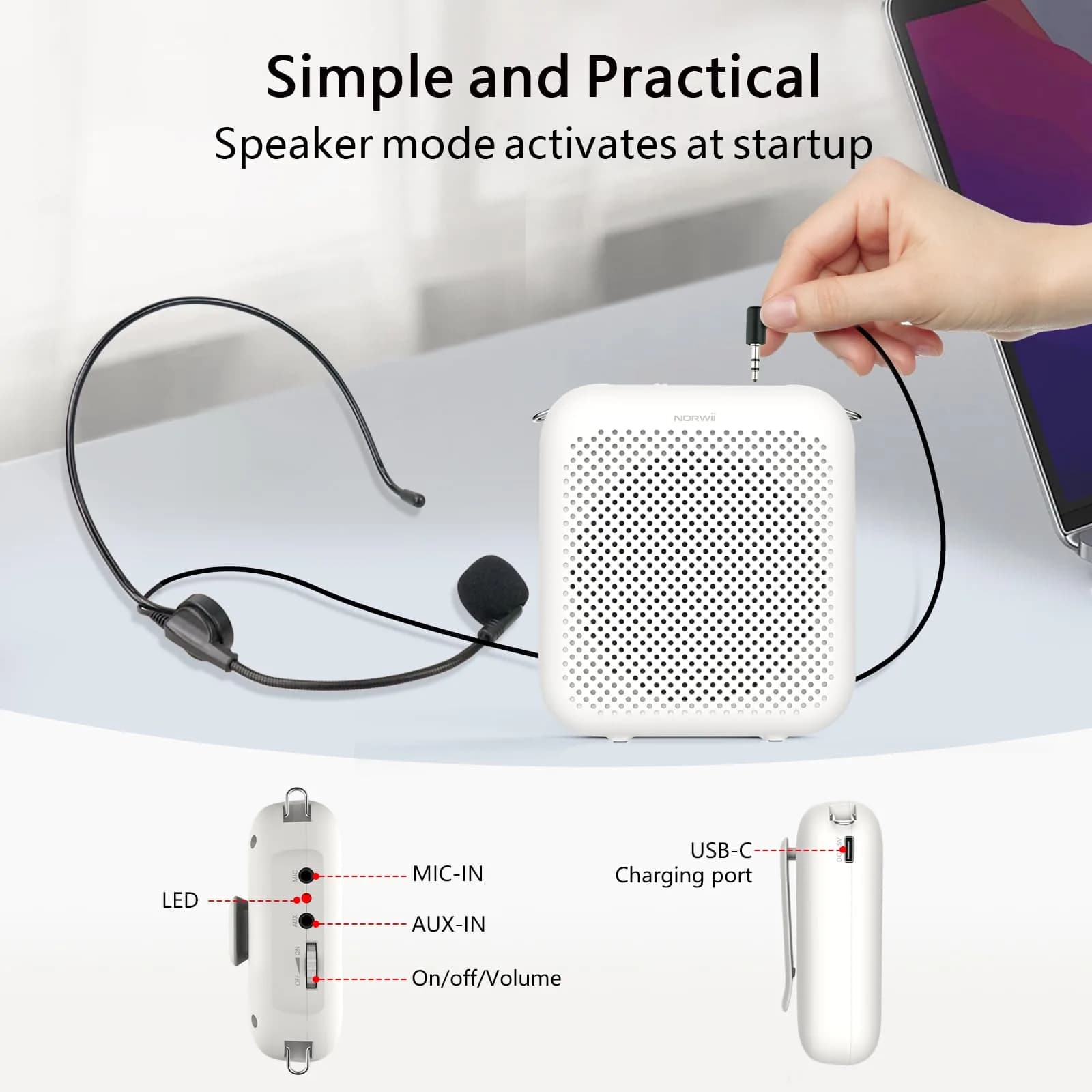 Norwii Bluetooth Voice Amplifier with Wired Microphone Headset & 4000mAh Battery | 10W Portable PA System for Teachers, Tours, Gym - view 7
