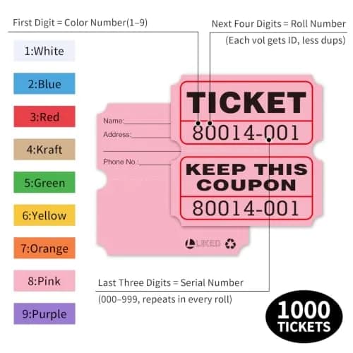 L LIKED Raffle Tickets Double Rolls Pink 1000 Pairs | Consecutive Numbering for Events thumbnail 3