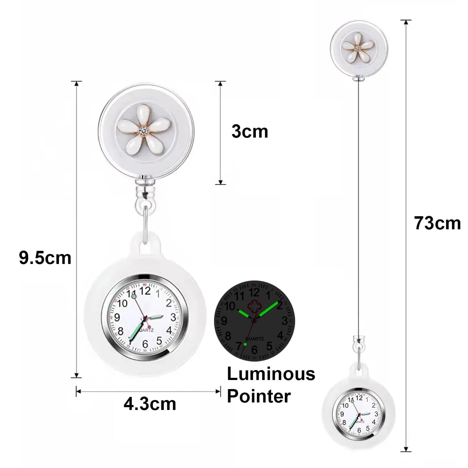 AGEN KGEN Flower White Nurse Watch | 4cm (1.57in) Case | Retractable Clip-On Fob Watch - view 2