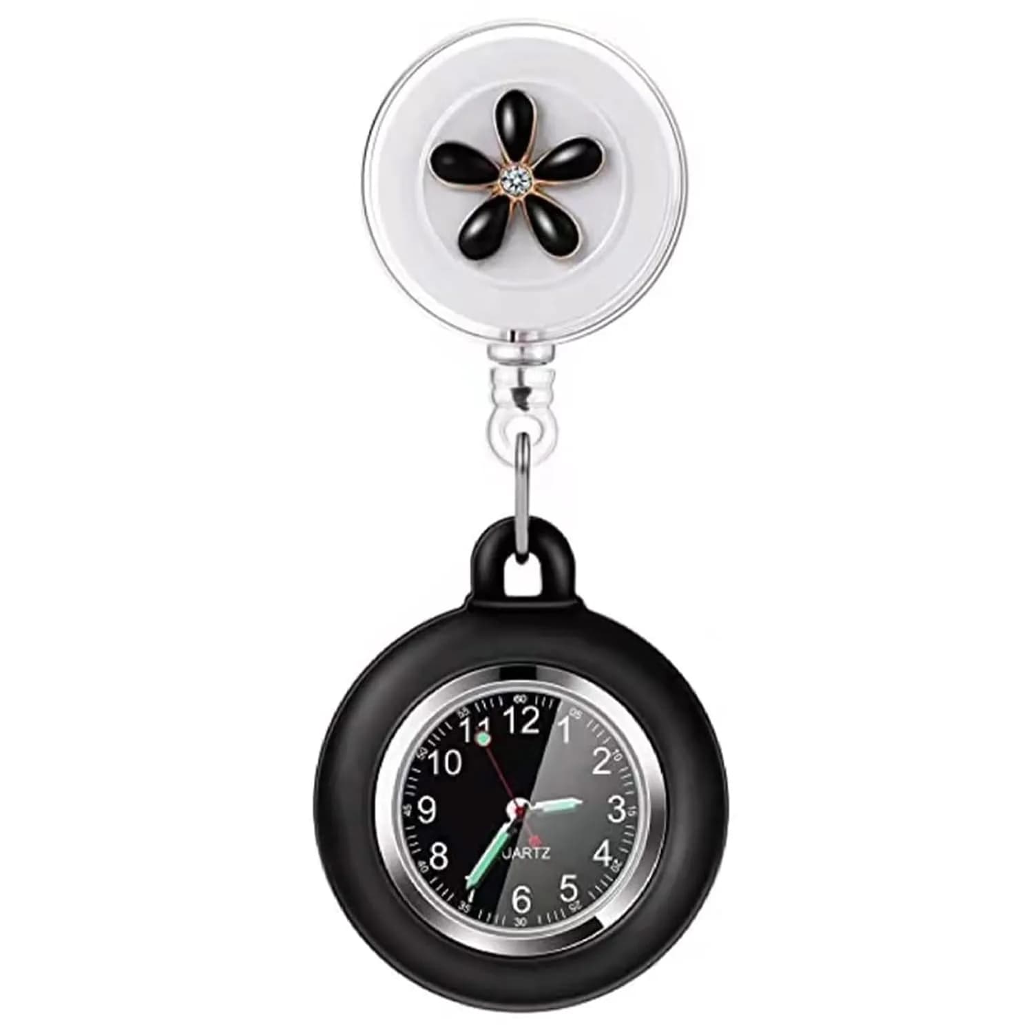 AGEN KGEN Flower Black Nurse Watch - Retractable Clip-On Fob Watch with Easy-Read Analog Dial - main product image