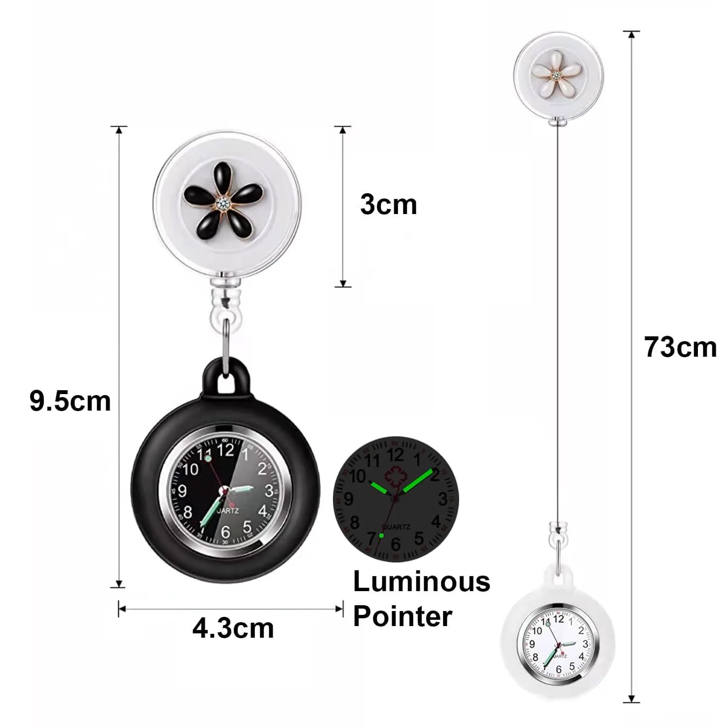 AGEN KGEN Flower Black Nurse Watch - Retractable Clip-On Fob Watch with Easy-Read Analog Dial - view 2