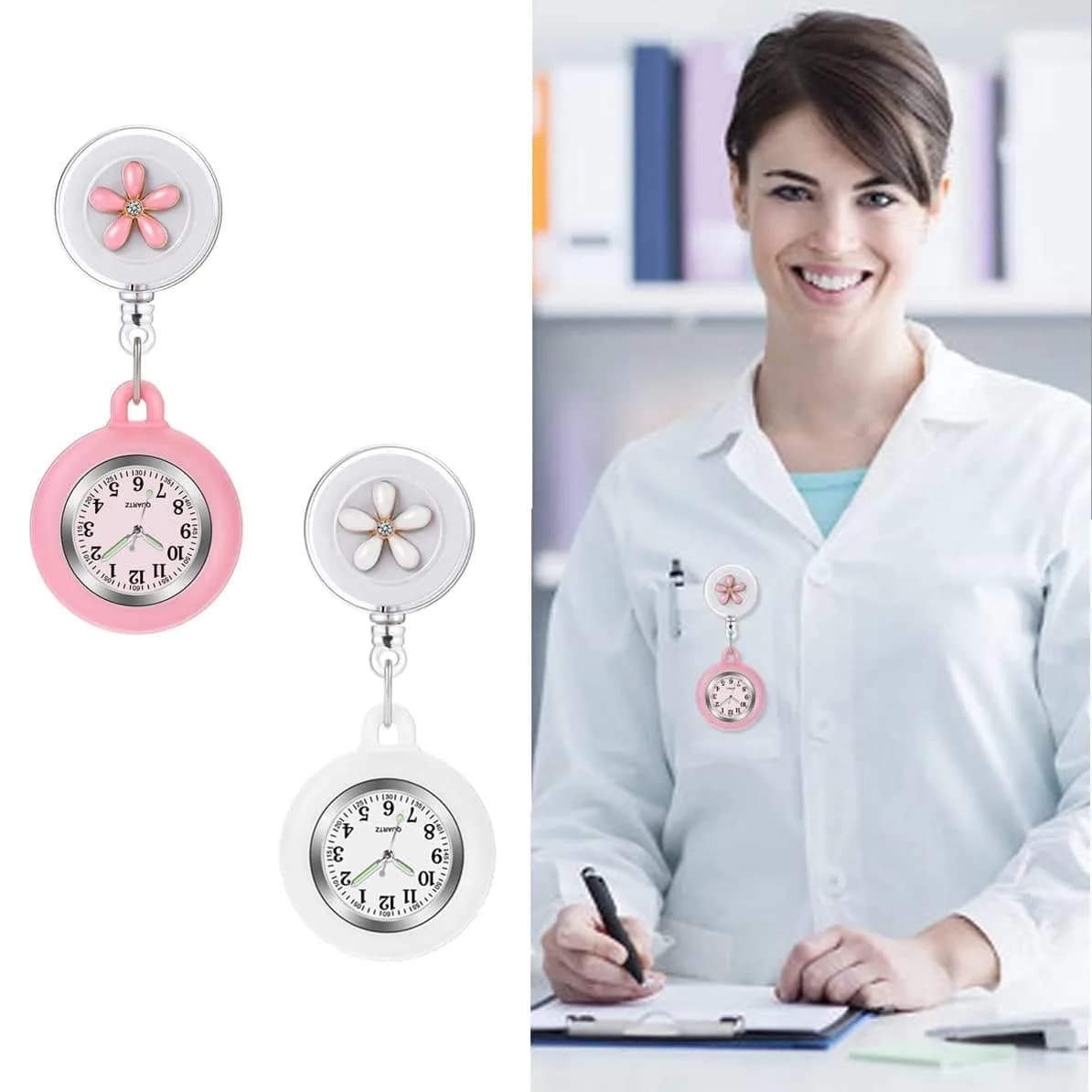 AGEN KGEN Flower Black Nurse Watch - Retractable Clip-On Fob Watch with Easy-Read Analog Dial - view 4