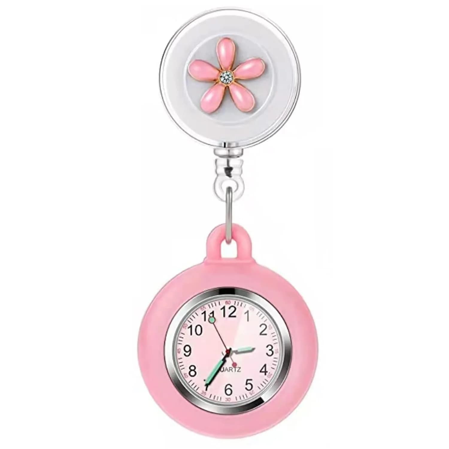 AGEN KGEN Flower Pink Nurse Watch - Retractable Clip-On Fob Watch with Easy-Read Analog Dial - main product image