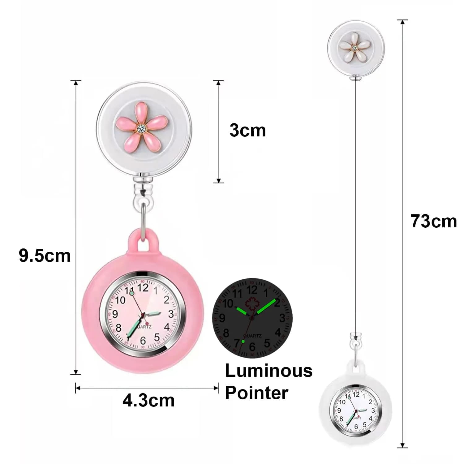 AGEN KGEN Flower Pink Nurse Watch - Retractable Clip-On Fob Watch with Easy-Read Analog Dial - view 2