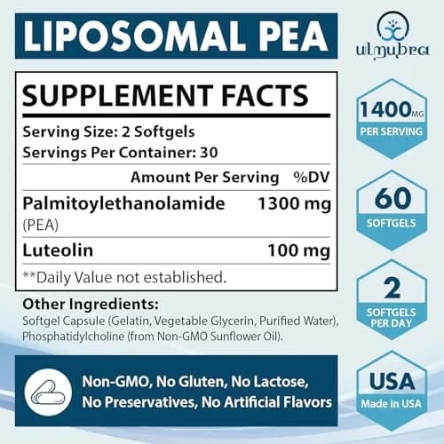 Ulmubra Liposomal Palmitoylethanolamide 1300 MG + Luteolin 100 MG | Superior Absorption for Discomfort Relief (70-120 chars) thumbnail 4